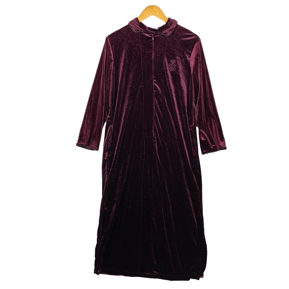 Vtg Lauren Ralph Lauren Housecoat Womens S Burgundy Velvet‎ Embroidered Crest